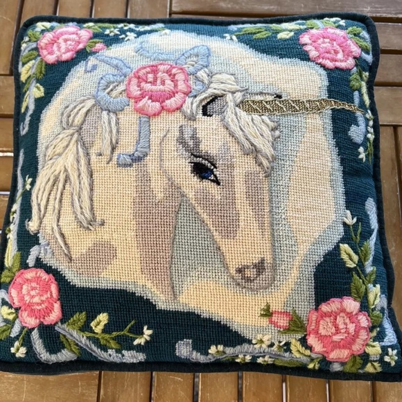 Unicorn Floral Needlework Embroidery Pillow 15” Blue Gold Square Vintage 70s 80s